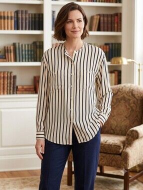 Talbots 100% Silk Navy  and Cream Striped Blouse